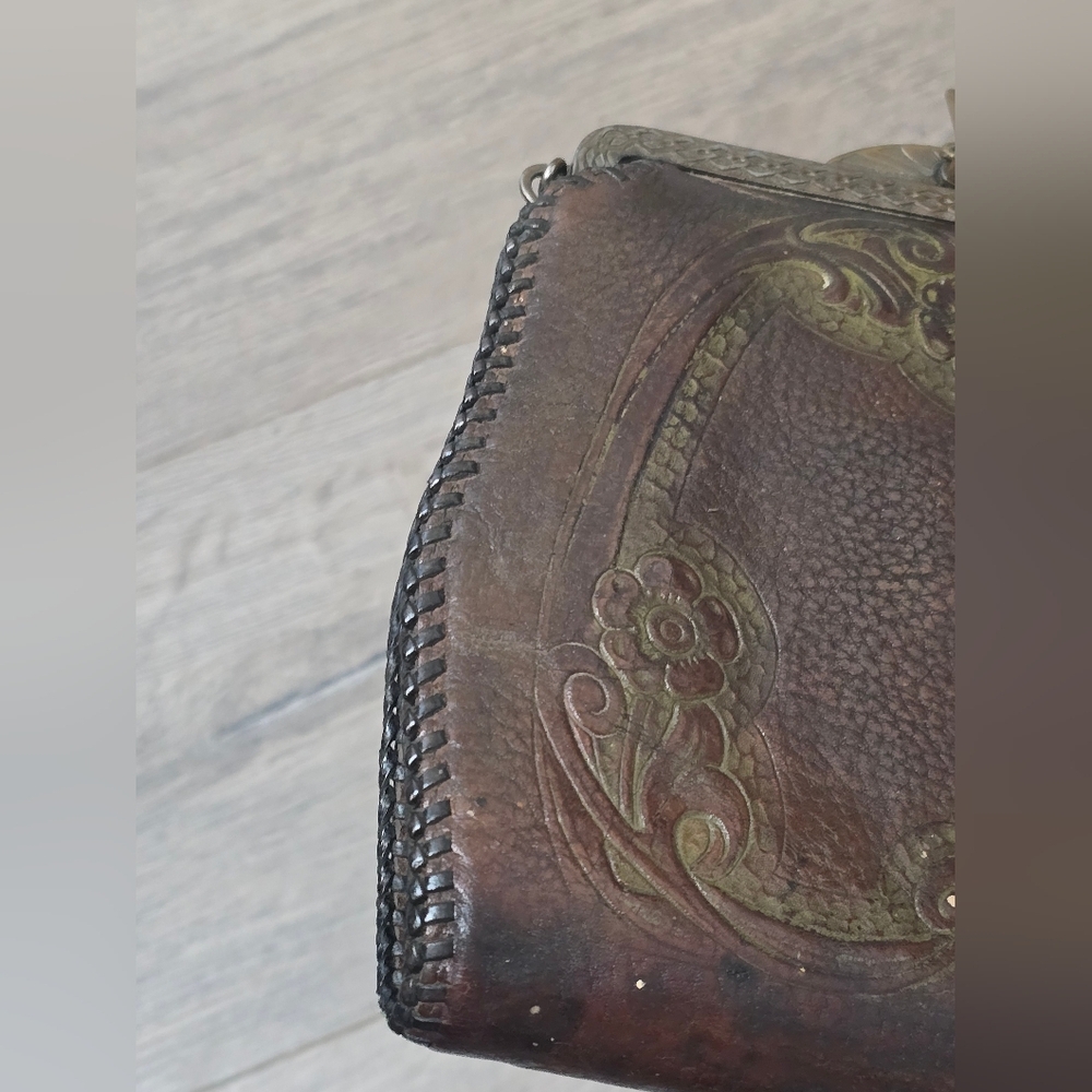 Antique Early 1900's Hand Tooled Leather Hand Bag Art Nouveau Deep Brown - Picture 8 of 13